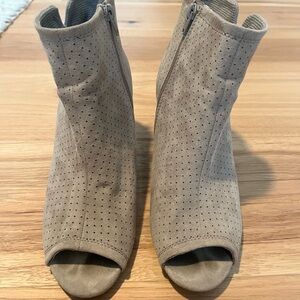 Tan Suede Ankle Booties with Open-Toe and Perforations
